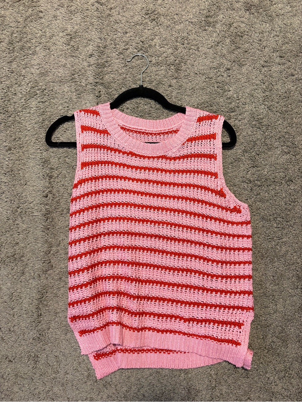 Amazon Pink and Red Striped Knit Sleeveless V-Neck Sweater